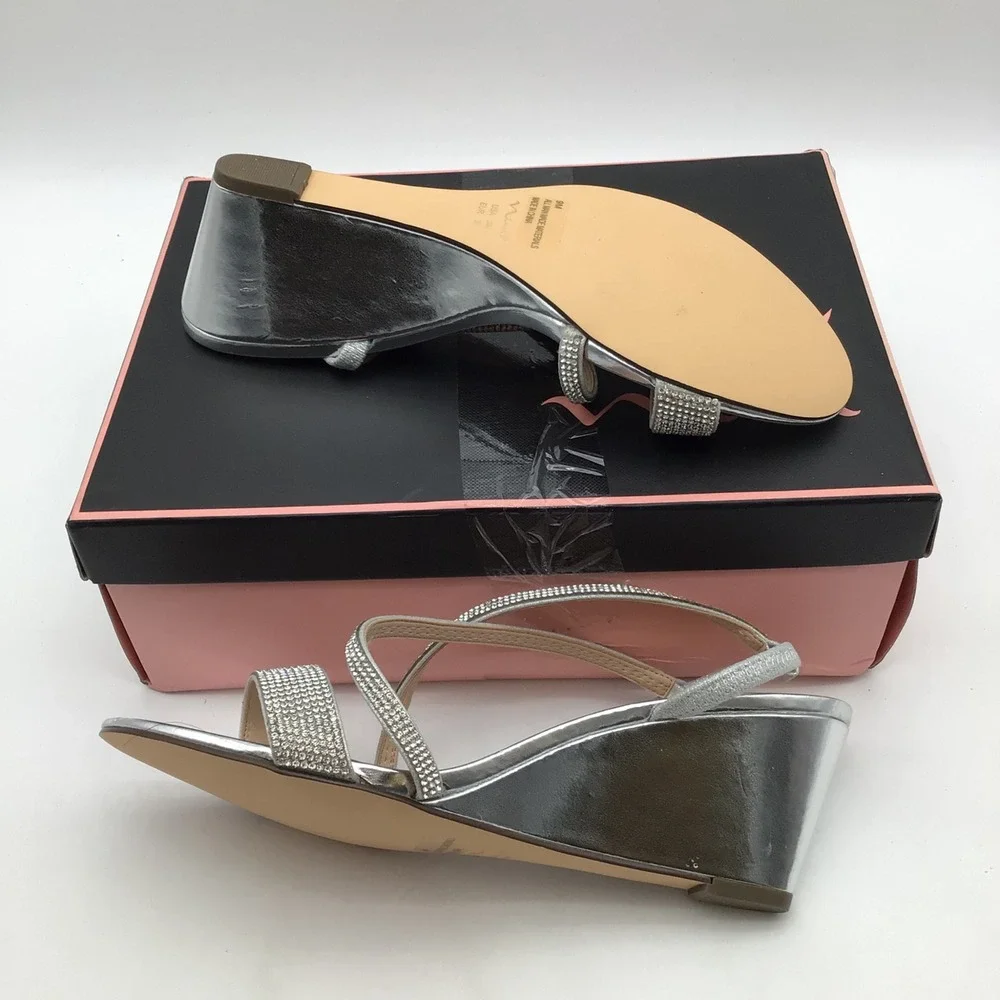 Nina Nixon-FY Silver Rhinestone Wedge Sandals Womens Size 9 M Formal‎ Shoes NEW